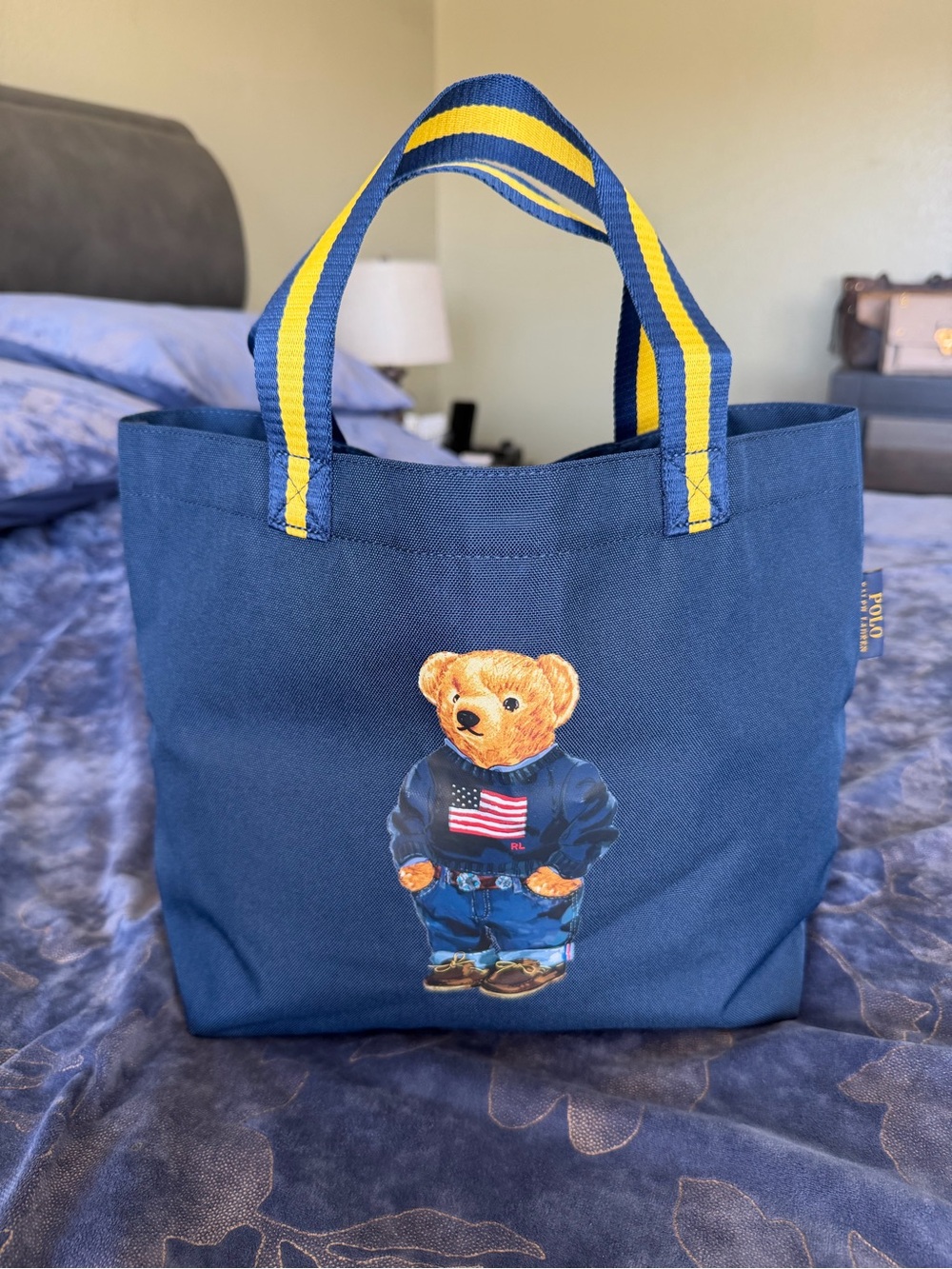 Polo by Ralph Lauren Navy Tote with Yellow-Striped Handles and Bear Graphic - Picture 11 of 16